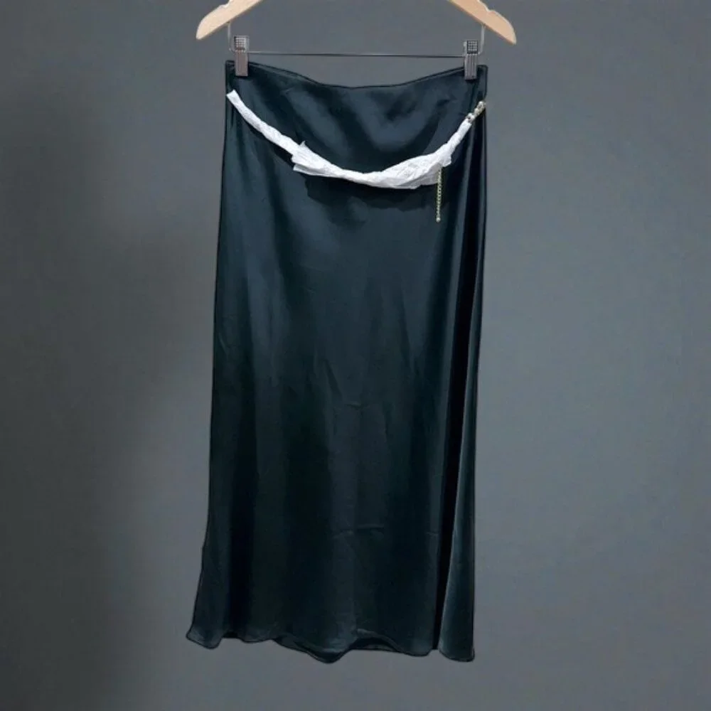 NWT Rachel Zoe Green Satin Slip Midi Skirt with Pearl Chain - Picture 2 of 7